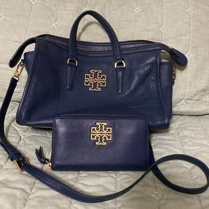 Authentic Tory Burch navy leather handbag and matching wallet,perfect condition!